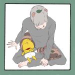  2boys :3 animal_ears animal_nose animal_on_lap anipoko arm_support bald bandana bandana_around_neck barefoot blush border briefs closed_eyes closed_mouth colored_skin drooling dual_persona facing_to_the_side from_above full_body green_border grey_pants grey_sweater hair_over_one_eye hand_on_own_leg hand_on_own_stomach highres indian_style leaf leaf_on_head lying lying_on_lap male_focus male_underwear mizu&#039;24 mode_aim multiple_boys on_back on_lap one_eye_covered pants peanuts-kun raccoon_boy raccoon_ears raccoon_tail red_bandana short_hair simple_background sitting sleeping sleeping_on_person sweater sweatpants tail tanuki underwear virtual_youtuber white_background yellow_skin 