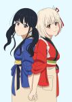  2girls back-to-back black_hair blonde_hair blue_background blue_kimono bob_cut breasts closed_mouth commentary hair_ribbon hashtag_only_commentary highres holding_hands inoue_takina japanese_clothes kimono long_hair looking_at_viewer lycoris_recoil medium_breasts multiple_girls nishikigi_chisato official_alternate_costume official_alternate_hairstyle one_side_up purple_eyes red_eyes red_kimono red_ribbon ribbon simple_background smile tasuki twintails yu_(yu12040309a) yuri 