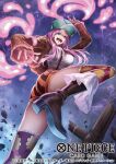  1girl boots breasts hat high_heel_boots high_heels highres jewelry_bonney koushi_rokushiro large_breasts lipstick long_hair looking_at_viewer makeup official_art one_piece open_mouth piercing pink_hair purple_eyes shorts solo thighhighs 