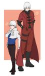  1boy 2boys aged_down blue_eyes closed_mouth coat dante_(devil_may_cry) devil_may_cry_(anime) devil_may_cry_(series) gloves highres holding long_sleeves male_focus multiple_boys red_coat shirt uncle_and_nephew upper_body white_hair xingyue_413 