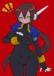  ! !! 1girl absurdres aile_(mega_man_zx) black_bodysuit blue_jacket blush bodysuit bodysuit_under_clothes breasts brown_hair buzzlyears covered_navel cropped_jacket fang glowing green_eyes highres jacket long_hair looking_at_viewer medium_breasts mega_man_(series) mega_man_zx mega_man_zx_advent no_pants open_clothes open_jacket ponytail red_background robot_ears simple_background solo 