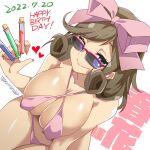  1girl aoi_manabu bikini breasts brown_hair cleavage commentary_request covered_nipples curly_hair dated from_above glasses green_eyes hair_ribbon happy_birthday haruka_(senran_kagura) holding holding_test_tube large_breasts looking_at_viewer medium_hair navel one_eye_closed pink_bikini pink_ribbon ribbon senran_kagura shiny_skin smile solo sunglasses swimsuit test_tube translation_request white_background 