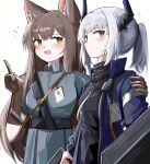  2girls :d absurdres animal_ear_fluff animal_ears arknights black_shirt blue_jacket blush brown_eyes brown_gloves brown_hair closed_mouth collared_shirt commentary_request dress_shirt elbow_gloves flying_sweatdrops franka_(arknights) gloves grey_hair grey_shirt grey_skirt hair_between_eyes hand_on_another&#039;s_shoulder highres holding horns jacket liskarm_(arknights) long_hair long_sleeves multiple_girls notice_lines open_clothes open_jacket pleated_skirt ponytail puffy_long_sleeves puffy_sleeves shirt simple_background skirt sleeves_past_wrists smile spam_(spamham4506) very_long_hair white_background 