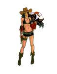  1girl absurdres belt bikini bikini_top_only black_hair boots commentary cowboy_hat full_body gun hat highres holding holding_gun holding_weapon long_hair looking_at_viewer miniskirt nico_robin nirelle_art one_piece simple_background skirt solo swimsuit weapon white_background 