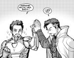  2boys animification arc_reactor arm_up armor avengers:_infinity_war avengers_(series) clenched_hand cloak closed_eyes closed_mouth commentary dishing doctor_strange english_text facial_hair fingernails full_armor gradient_background greyscale hand_up high_five iron_man jewelry long_sleeves looking_at_another male_focus marvel marvel_cinematic_universe monochrome multicolored_hair multiple_boys necklace power_armor shirt short_hair simple_background smile sparkle speech_bubble standing superhero symbol-only_commentary teeth tony_stark two-tone_hair v-shaped_eyebrows 