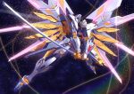  absurdres commentary gundam gundam_seed gundam_seed_freedom highres holding holding_sword holding_weapon ka_ki_o katana mecha mighty_strike_freedom_gundam mobile_suit no_humans rainbow robot science_fiction solo space sword v-fin weapon yellow_eyes 