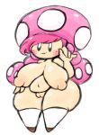 4_fingers big_breasts breasts clothing female fingers genitals hair hat headgear headwear hi_res huge_breasts humanoid legwear lewdchuu_(artist) mario_bros nintendo pink_hair pussy short_stack simple_background slightly_chubby solo stockings thick_thighs toad_(mario) toadette white_background