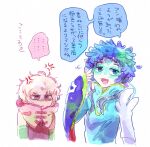  1boy 1other bags_under_eyes bare_shoulders chiimako facepaint facial_mark feathers gloves gnosia green_eyes green_feathers green_hair grey_eyes grey_hair hair_between_eyes long_sleeves raqio remnan_(gnosia) short_hair translation_request upper_body 