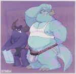 anthro bitebox64 bulge clothing disney duo hi_res jockstrap johnny_worthington locker_room male monster monsters_inc pixar sulley underwear wrestling_singlet