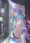  1girl absurdres aqua_hair blue_eyes bottle cup cyberpunk_(series) cyberpunk_edgerunners drinking_glass foot_out_of_frame highres hiro_(hirohiro_gorira) jacket legs lucy_(cyberpunk) multicolored_hair purple_hair revision short_hair sitting solo 