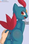 anthro anus big_butt blush butt butt_grab cloudeon duo english_text female fur generation_2_pokemon genitals hand_on_butt hi_res interspecies male male/female mammal nintendo nude pokemon pokemon_(species) pokephilia pussy red_eyes simple_background smile sneasel tail text