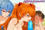  1boy 2girls anger_vein angry ayanami_rei bare_shoulders blue_eyes blue_hair blush breasts brown_hair chain-link_fence closed_mouth covered_penis covering_own_eyes english_commentary erection fellatio fence hair_ornament hand_on_another&#039;s_head hetero ikari_shinji licking licking_penis long_hair medium_breasts multiple_girls neon_genesis_evangelion open_mouth oral patreon_username penis red_eyes red_hair short_hair simple_background smile snegovski souryuu_asuka_langley white_background 