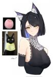  1girl animal_ears apple bare_shoulders black_dress black_hair breasts cat cat_ears dress food fruit highres large_breasts leria_v light_smile mole mole_on_breast original short_hair sleeveless sleeveless_dress solo upper_body white_background yellow_eyes 