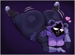&lt;3 &lt;3_eyes absurd_res anthro bear big_butt bodily_fluids boots breast_squish breasts butt butt_focus choobsters clothing epic_games female footwear fortnite fur gloves glowing glowing_eyes glowing_mouth handwear hi_res hood huge_butt huge_hips huge_thighs lying mammal on_front purple_body purple_fur raven_team_leader smile solo squish sweat sweaty_butt thick_thighs wide_hips