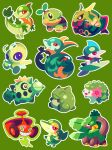  absurdres banana black_sclera blue_eyes cacnea celebi closed_mouth colored_sclera colored_skin commentary fairy_wings food fruit gallade green_background green_eyes green_hair green_theme grin highres leaf no_humans pokemon pokemon_(creature) rayquaza red_eyes rotom rotom_(mow) serperior servine shaymin shaymin_(land) shichi_(7cube_ori) simple_background smile snake snivy substitute_(pokemon) tail teeth tropius turtwig white_skin wings yellow_eyes 