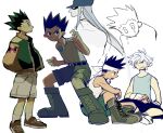  3boys black_hair blue_eyes boots brown_footwear character_request closed_mouth commentary cross-laced_footwear english_commentary gon_freecss grey_hair highres hunter_x_hunter jacket jewelry killua_zoldyck lace-up_boots looking_at_another male_focus multiple_boys multiple_views mutie_(timestables) necklace open_mouth shirt shoes short_hair shorts simple_background sitting sneakers spiked_hair standing white_background white_hair 