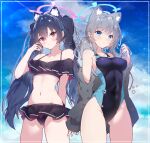  2girls animal_ear_fluff animal_ears ass_visible_through_thighs bare_arms bare_legs bare_shoulders bikini black_bikini black_hair black_one-piece_swimsuit blue_archive blue_eyes blue_halo blush breasts cat_ears closed_mouth competition_swimsuit covered_navel cross cross_hair_ornament extra_ears frilled_bikini frills grey_hair grey_jacket hair_between_eyes hair_ornament halkawa501 halo hand_up highleg highleg_swimsuit highres inverted_cross jacket long_hair long_sleeves medium_breasts medium_hair mismatched_pupils multicolored_clothes multicolored_swimsuit multiple_girls navel official_alternate_costume one-piece_swimsuit pink_halo red_eyes serika_(blue_archive) serika_(swimsuit)_(blue_archive) shiroko_(blue_archive) shiroko_(swimsuit)_(blue_archive) small_breasts standing swimsuit twintails two-tone_swimsuit wolf_ears 