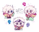  1boy bags_under_eyes bare_shoulders chibi chiimako detached_sleeves fingerless_gloves gloves gnosia grey_eyes grey_hair hair_between_eyes hood hoodie looking_at_viewer male_focus multiple_persona purple_eyes remnan_(gnosia) short_hair solo translation_request white_gloves 