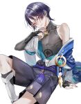  1boy absurdres anemo_symbol_(genshin_impact) black_shorts black_unitard blue_hair closed_mouth genshin_impact highres jewelry knee_up long_sleeves looking_at_viewer off_shoulder pottsness purple_eyes ring scaramouche_(genshin_impact) short_hair shorts simple_background sitting smile solo wanderer_(genshin_impact) white_background 