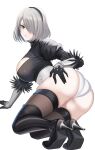  1girl 2b_(nier:automata) absurdres ass ass_focus black_footwear black_gloves black_thighhighs blue_eyes blush boots breasts closed_mouth commentary desspie english_commentary gloves grey_hair hair_over_one_eye high_heel_boots high_heels highres huge_ass large_breasts leotard looking_at_viewer looking_back mole mole_under_mouth nier:automata nier_(series) one_eye_covered short_hair simple_background solo thigh_boots thighhighs thighhighs_under_boots thighs white_background white_leotard 