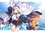  1girl absurdres animal_ears azur_lane bare_shoulders bikini_over_clothes black_hairband breasts cannon center-flap_bangs firing gun hairband highres hikimayu holding holding_gun holding_sword holding_weapon jacket long_hair looking_to_the_side marimo_daifuku open_clothes open_jacket open_mouth panties rabbit_ears rabbit_girl red_panties rigging shimakaze_(azur_lane) small_breasts smile standing standing_on_one_leg swimsuit_over_clothes sword torpedo_launcher torpedo_tubes turret underwear very_long_hair weapon white_hair yellow_eyes 