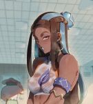  1boy 1girl black_hair blue_eyes blue_hair breasts dark-skinned_female dark_skin earrings hair_bun hat highres hoop_earrings jewelry long_hair makeup milo_(pokemon) multicolored_hair nessa_(pokemon) nipples nyantcha pokemon pokemon_swsh see-through see-through_shirt shirt small_breasts steaming_body sweat sweaty_clothes two-tone_hair very_dark_skin wet wet_clothes wet_shirt 