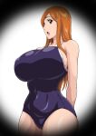  1girl bare_arms bare_shoulders bleach bleach:_sennen_kessen-hen blue_one-piece_swimsuit blush breasts brown_eyes hair_ornament hairpin highres huge_breasts inoue_orihime iwao178 long_hair one-piece_swimsuit open_mouth orange_hair parted_bangs school_swimsuit shiny_clothes simple_background solo swimsuit thighs white_background 