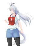  1girl ahoge animal_ears black_pantyhose blue_eyes blue_shorts character_name clenched_hand commentary cowboy_shot ear_ornament grey_hair gym_shirt gym_shorts gym_uniform hair_ornament highres horse_ears horse_girl horse_tail kemuri_(etep3372) long_hair looking_to_the_side oguri_cap_(umamusume) open_mouth pantyhose pantyhose_under_shorts race_bib shirt short_sleeves shorts simple_background solo standing t-shirt tail translated umamusume white_background white_shirt wind 