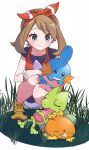  1girl anidf bike_shorts blush bow_hairband brown_hair closed_mouth collarbone commentary eyelashes grass grey_eyes hairband highres looking_down may_(pokemon) mudkip pokemon pokemon_(creature) pokemon_oras red_hairband red_shirt shirt shoes shorts smile squatting starter_pokemon_trio symbol-only_commentary torchic treecko white_shorts yellow_footwear 