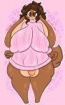 anthro balls big_breasts breasts brown_body brown_eyes brown_hair clothing genitals hair hi_res intersex lagomorph leporid lewdchuu_(artist) long_ears mammal penis rabbit scut_tail short_tail solo sweater tail thick_thighs topwear