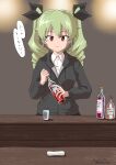  1girl absurdres alcohol anchovy_(girls_und_panzer) barefoot black_hoodie black_ribbon bottle closed_mouth collared_shirt commentary cup dated drawstring drill_hair drinking_glass drops_mint girls_und_panzer green_hair hair_ribbon highres holding holding_bottle hood hood_down hoodie long_hair long_sleeves looking_at_viewer red_eyes ribbon shirt shot_glass smile solo standing translated twin_drills twintails white_shirt wing_collar 