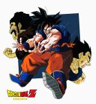  3boys battle_damage beard_stubble black_hair blood blood_on_face blue_sash blue_shirt blue_wristband clenched_hand clenched_teeth collarbone copyright_name dragon_ball dragon_ball_z emphasis_lines facial_hair floating highres injury male_focus mr._satan multiple_boys muscular muscular_male mustache oharu2000 open_hand open_mouth orange_pants pants sash shirt simple_background sleeveless son_goku spiked_hair stubble sweat teeth torn_clothes vegeta wristband 