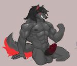 abs alexzandr_sokolov anthro balls besky_(artist biceps big_penis black_body black_fur black_hair black_tail broad_shoulders canid canine canis colored_sketch flexing fur genitals gradient_penis hair male mammal markings medial_ring muscular muscular_male nipples obliques pecs penis red_ears red_eyes red_markings red_tail sitting sketch smile smiling_at_viewer solo tail thick_neck thigh_up wolf