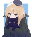  1girl animal animal_ear_fluff animal_hug arknights black_cat black_headwear black_jacket blue_background blush_stickers cat commentary_request covered_mouth durin_(arknights) garrison_cap grey_hair hat highres jacket light_brown_hair long_sleeves looking_at_viewer odjikasu one-hour_drawing_challenge pointy_ears sleeves_past_fingers sleeves_past_wrists solo tilted_headwear two-tone_background upper_body white_background yellow_eyes 