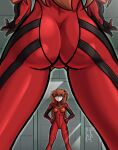  1girl absurdres ass ass_focus blue_eyes bodysuit breasts highres interface_headset long_hair looking_at_mirror lord_guyis medium_breasts mirror neon_genesis_evangelion orange_hair pilot_suit plugsuit red_bodysuit skin_tight smile solo souryuu_asuka_langley standing thighs view_between_legs 