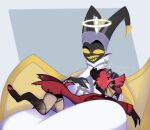 adam_(hazbin_hotel) alastor_(hazbin_hotel) anthro clothed clothing coffeekrook deer demon digital_media_(artwork) duo fur hair hazbin_hotel hi_res human humanoid lying lying_on_lap male male/male mammal on_front on_lap red_eyes red_hair scut_tail short_tail simple_background sitting_on_lap size_difference smile tail teeth