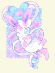  artist_name blue_background blue_eyes border bright_pupils closed_mouth commentary english_commentary eyelashes flower_(symbol) heart highres looking_at_viewer no_humans one_eye_closed outside_border parfaerie pokemon pokemon_(creature) purple_background simple_background smile solo sparkle sylveon twitter_username white_pupils yellow_border 