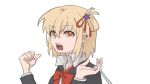  1girl black_jacket blonde_hair bright_pupils chinese_commentary collared_shirt commentary_request earclip hair_ornament hair_ribbon hands_up highres jacket long_sleeves looking_at_viewer lycoris_recoil medium_hair nishikigi_chisato one_side_up open_mouth orange_eyes red_ribbon ribbon school_uniform shirt simple_background solo star_(symbol) star_hair_ornament upper_body white_background white_pupils white_shirt yanlingjinshilihuahua 