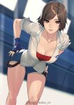  1girl absurdres blue_gloves blue_shorts breasts brown_eyes brown_hair cleavage collarbone collared_shirt fingerless_gloves gloves highres kagematsuri kazama_asuka large_breasts leaning_forward looking_at_viewer shirt short_hair short_shorts short_sleeves shorts smile solo swept_bangs tekken tekken_8 thighs white_shirt 