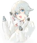  1boy absurdres aged_down animal animal_ears blue_eyes dante_(devil_may_cry) devil_may_cry_(series) goat goat_boy goat_ears hair_between_eyes highres holding holding_animal looking_at_viewer male_focus naijarski open_mouth sheep simple_background smile solo white_hair 