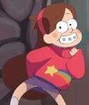  1girl blush braces brown_hair gravity_falls hairband haruyama_kazunori long_hair long_sleeves looking_at_viewer mabel_pines official_style panties pink_hairband pink_sweater skirt smile solo star_(symbol) sweater toon_(style) underwear white_panties 