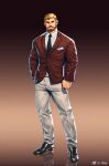  1boy bara beard blonde_hair contrapposto facial_hair full_beard full_body grey_pants jacket looking_at_viewer male_focus mature_male original pants red_suit short_hair solo standing suit suit_jacket thick_beard thick_eyebrows xian_miao 