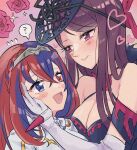  2girls :d ? alear_(female)_(fire_emblem) alear_(fire_emblem) bare_shoulders blue_eyes blue_hair blush breasts cleavage closed_mouth criss-cross_halter crossed_bangs elbow_gloves fascinator fire_emblem fire_emblem_engage flower gloves hair_between_eyes halterneck hand_on_another&#039;s_face heart heterochromia highres hino222hikari implied_yuri ivy_(fire_emblem) long_hair looking_at_another multicolored_hair multiple_girls open_mouth purple_eyes purple_hair red_eyes red_hair smile spiked_gloves tiara two-tone_hair upper_body white_gloves 