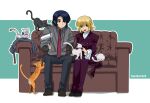  1boy 1girl artist_name athrun_zala blonde_hair blue_hair cagalli_yula_athha cat cat_day couch couple fumiko_(mesushi) green_eyes grey_pants grey_shirt gundam gundam_seed gundam_seed_freedom jacket lint_roller multiple_cats pant_suit pants petting red_tie scratching shirt short_hair sitting smile suit unworn_jacket yellow_eyes 