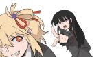  2girls black_hair black_jacket blonde_hair blush bright_pupils chinese_commentary collared_shirt commentary_request grin hair_ornament hair_ribbon highres inoue_takina jacket long_hair long_sleeves looking_at_another lycoris_recoil medium_hair multiple_girls nishikigi_chisato one_side_up open_mouth orange_eyes pointing pointing_at_another purple_eyes red_ribbon ribbon school_uniform shirt simple_background smile star_(symbol) star_hair_ornament sweatdrop white_background white_pupils white_shirt yanlingjinshilihuahua 