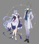  1boy 1girl arm_behind_back black_footwear blue_eyes blue_footwear blue_hair bracelet brother_and_sister coat detached_sleeves earrings full_body gloves grey_background grey_hair halo head_wings highres holding_hands honkai:_star_rail honkai_(series) jewelry long_hair looking_at_viewer open_mouth pants papajay_(jennygin2) pearl_bracelet robin_(honkai:_star_rail) shoes siblings simple_background smile sunday_(honkai:_star_rail) v white_coat white_gloves white_pants wide_sleeves wings 