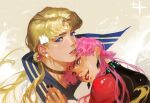  2boys an_kyoung bishoujo_senshi_sailor_moon black_lady black_nails blue_eyes earrings genderswap genderswap_(ftm) grey_background highres jewelry lipstick long_hair looking_at_viewer makeup multiple_boys parted_lips pink_hair red_lips sailor_moon signature sparkle tsukino_usagi twintails 