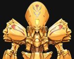  alien black_background commentary_request cross emblem five_star_stories glint knight_of_gold looking_at_viewer machinery mecha mortar_headd niiyan no_humans ornament robot roundel science_fiction translation_request upper_body 