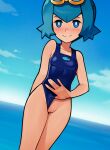  1girl animal_print aqua_hair blue_eyes blue_one-piece_swimsuit blush breasts bright_pupils closed_mouth clothing_aside cloud collarbone commentary day eyelashes fish_print goggles goggles_on_head highres lana_(pokemon) loodncrood no_sclera one-piece_swimsuit outdoors pokemon pokemon_sm pussy revision short_hair sky smile solo swimsuit swimsuit_aside uncensored water white_pupils 