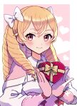  1girl blonde_hair blush bow box commentary dress drill_hair earrings fire_emblem fire_emblem_awakening gloves gogatsu_(yeaholiday) hair_between_eyes hair_bow heart-shaped_box highres holding holding_box jewelry long_hair long_sleeves maribelle_(fire_emblem) pink_dress pink_gloves red_eyes smile solo very_long_hair white_bow 